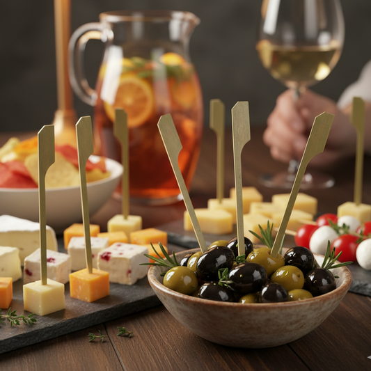 Une brochette en bois pointue avec une extrémité plate, destinée à être utilisée pour des amuse-gueules lors d'un apéritif.