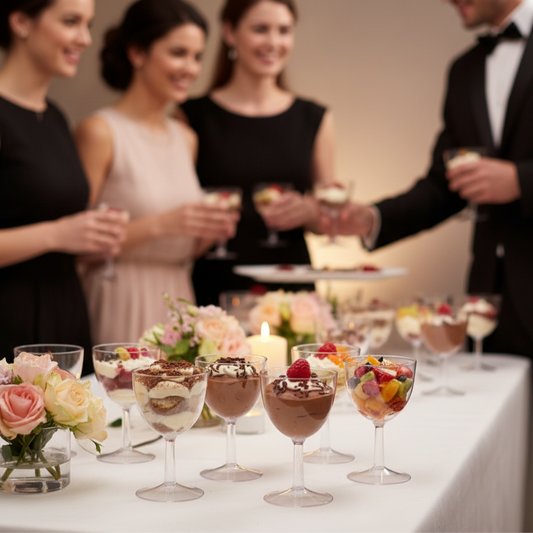 Mise en scène d'un buffet de réception haut de gamme, ambiance cocktail chic. Plusieurs verrines coupes sur pied en PS cristal sont élégamment disposées. Certaines sont remplies de tiramisu, d'autres de mousse au chocolat avec une framboise, ou de salades de fruits frais colorées. La table est recouverte d'une nappe blanche, agrémentée de décorations florales discrètes et de lumières tamisées. L'arrière-plan flou montre des invités en tenue de soirée se servant, évoquant une atmosphère conviviale et sophist