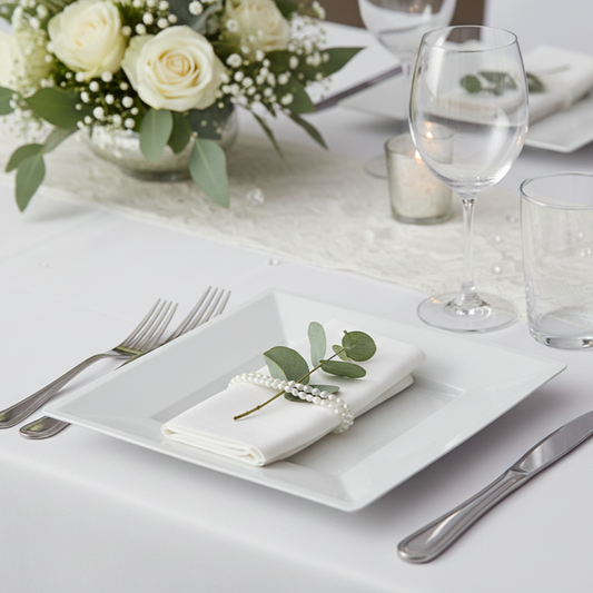 Décoration de table de mariage avec assiette carrée blanche, serviette, couverts et fleurs.
