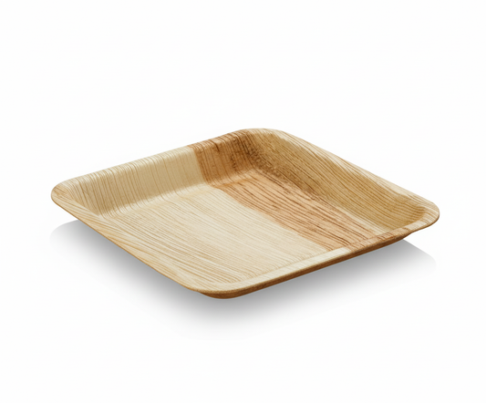 Assiette en palmier biodégradable carrée de 17 cm sur fond blanc, mettant en valeur sa texture naturelle et sa qualité.