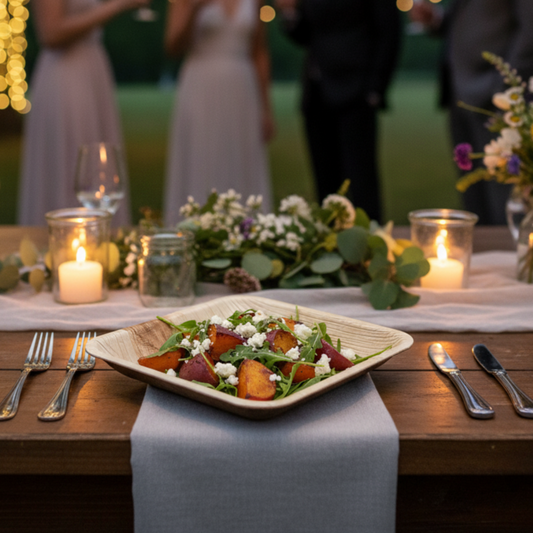 Une assiette carrée en feuille de palmier est utilisée lors d'un mariage ou d'une réception champêtre chic. Elle est posée sur une table en bois brut, entourée de lin, de fleurs sauvages et de bougies, soulignant l'aspect naturel et élégant du produit.