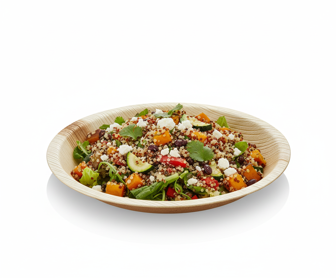 Assiette ronde en feuille de palmier de 24 cm, présentant une salade fraîche et colorée de quinoa, légumes rôtis (courge, courgette), haricots noirs et feta, avec quelques feuilles de coriandre, sur un fond blanc pour une présentation claire et lumineuse. L'assiette met en valeur la texture naturelle et le design épuré du produit.