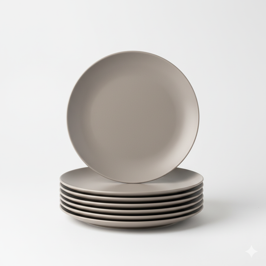 Lot de 6 assiettes dessert incassables Minéral Taupe de 20.8 cm, empilées sur fond blanc, produit e-commerce
