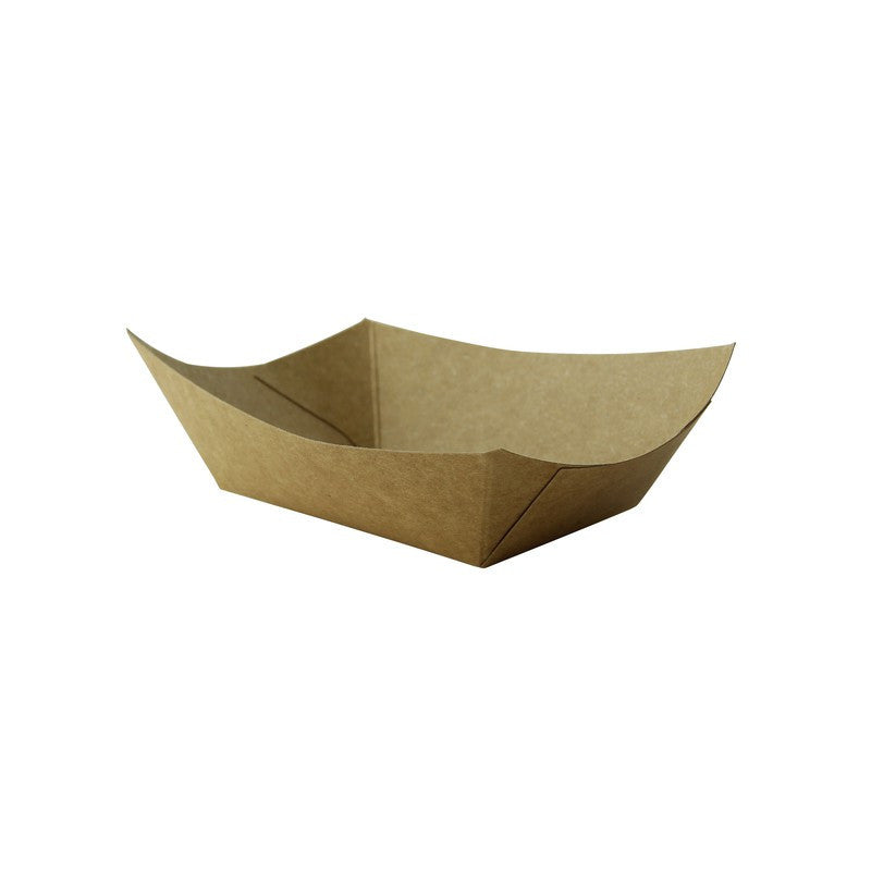 Barquette de frites en carton kraft brun de 300 mL, forme bateau, vide sur fond blanc studio