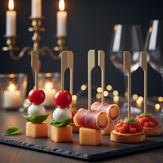 Pique Golf Bambou Biodégradable de 18 cm utilisée dans une brochette cocktail élégante, sur un plateau de service raffiné lors d'une réception haut de gamme