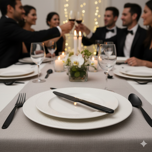 Couteau de table noir Starck sur une table élégante et minimaliste, en situation de dîner chic.