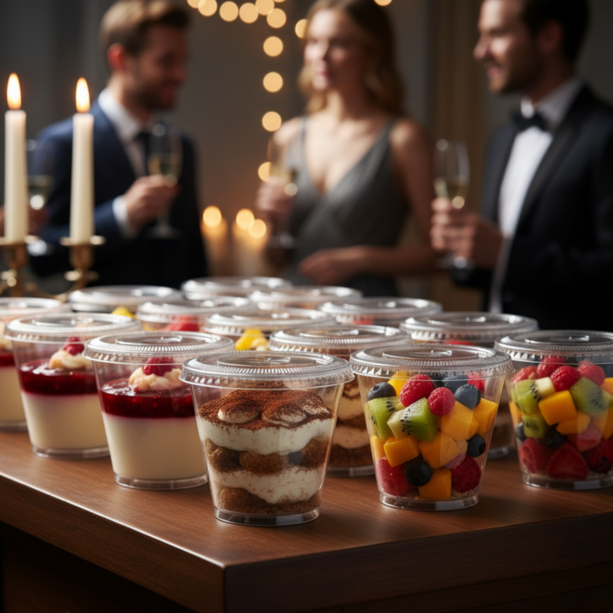 Scène d'un buffet de desserts ou d'une section "à emporter" d'un traiteur chic ou d'un café haut de gamme. Plusieurs pots à dessert transparents de 25 cl, tous fermés avec leur couvercle plat hermétique Ø 90 mm, sont alignés élégamment. Les pots sont remplis de desserts variés et attrayants (par exemple, panna cotta, tiramisu, salade de fruits frais avec yaourt), reconnaissables à travers le plastique transparent.
