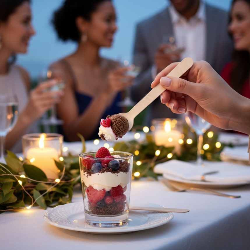 Ambiance de cocktail chic et festive. Une main élégante tient la cuillère à café en bois "Le P'tit Plaisir" dans une petite verrine multicolore. La scène se déroule sur une table décorée, avec des bougies, des boissons et des convives en arrière-plan, suggérant un événement raffiné.