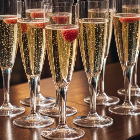 Plusieurs flûtes à champagne transparentes, remplies de champagne, disposées élégamment sur un bar de réception lors d'une fête chic. L'arrière-plan flou révèle des lumières tamisées et des personnes élégamment vêtues, créant une ambiance festive et sophistiquée.