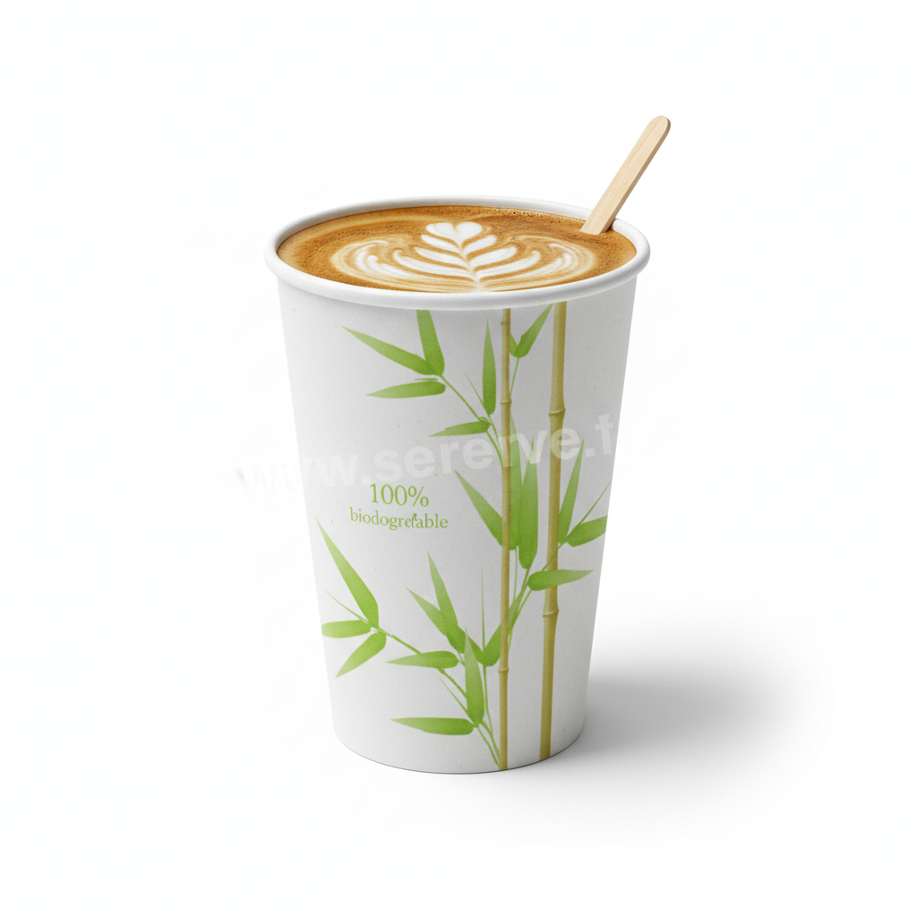 Gobelet écologique en fibres de bambou et PLA de 20 cl, avec un motif de feuilles de bambou vertes. Le gobelet est rempli d'un café noir fumant. L'image est prise sur un fond blanc pour mettre en valeur le design épuré et le concept "zéro plastique