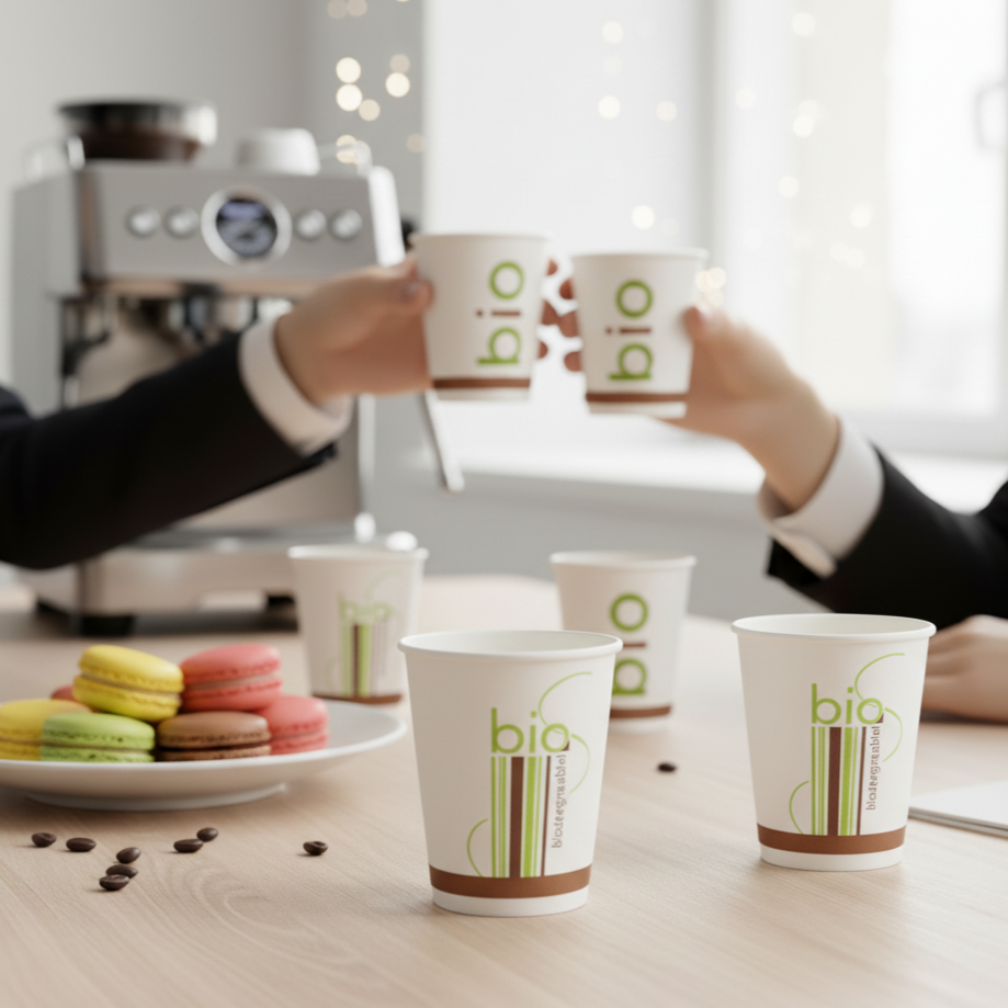 Gobelet à café biodégradable sur une table de bureau élégante, avec des macarons et une machine à café.