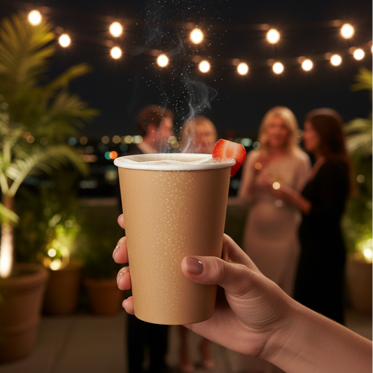 Un gobelet en carton kraft de 24 cl, rempli de champagne ou d'un cocktail pétillant, est tenu par une main. L'arrière-plan flou montre une terrasse de toit animée, avec des lumières douces, des plantes et des convives élégants, créant une ambiance festive et chic.