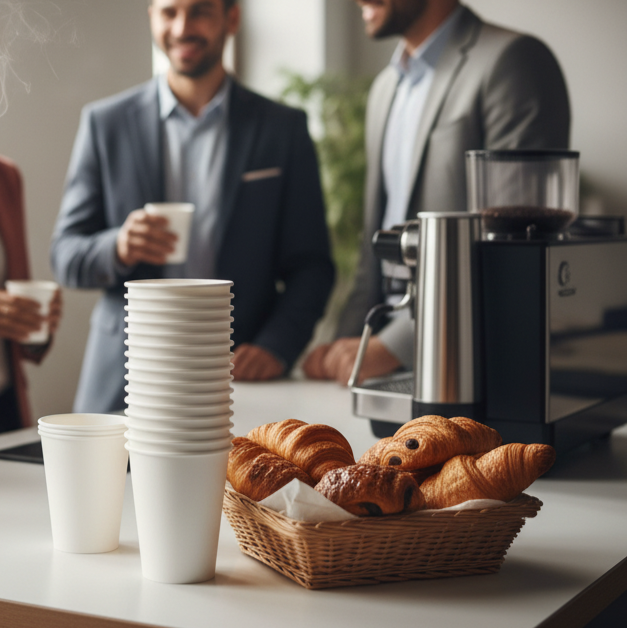 Une scène de pause-café dans un bureau moderne. Une main tient un gobelet en carton rempli, tandis qu'une pile de gobelets est visible à côté d'une machine à café et de viennoiseries.