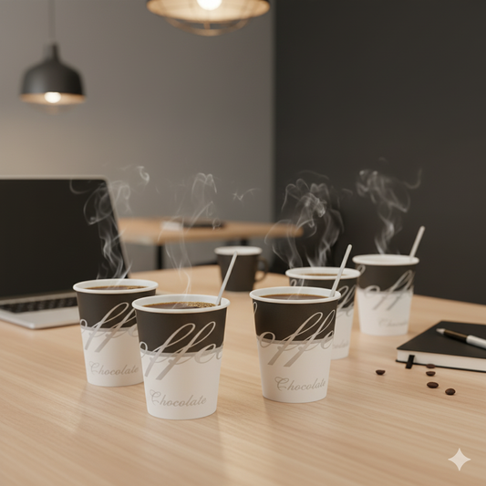 Gobelets en carton Coffee Chic remplis de café lors d'une pause au bureau ou d'un événement professionnel.