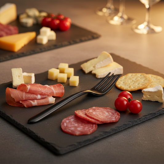Fourchette Eugeni noire sur ardoise apéritif élégant