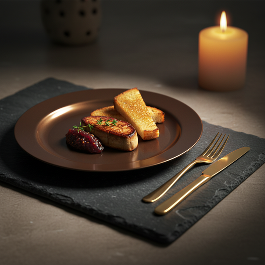 Assiette ronde chocolat cuivré 19 cm avec foie gras et chutney de figue sur ardoise, apéritif premium