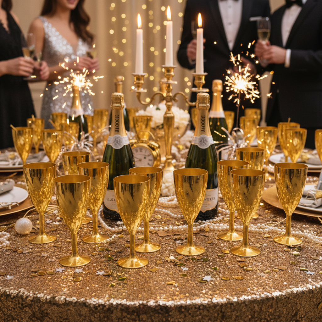 Verres or torsadés sur buffet festif Nouvel An confettis or