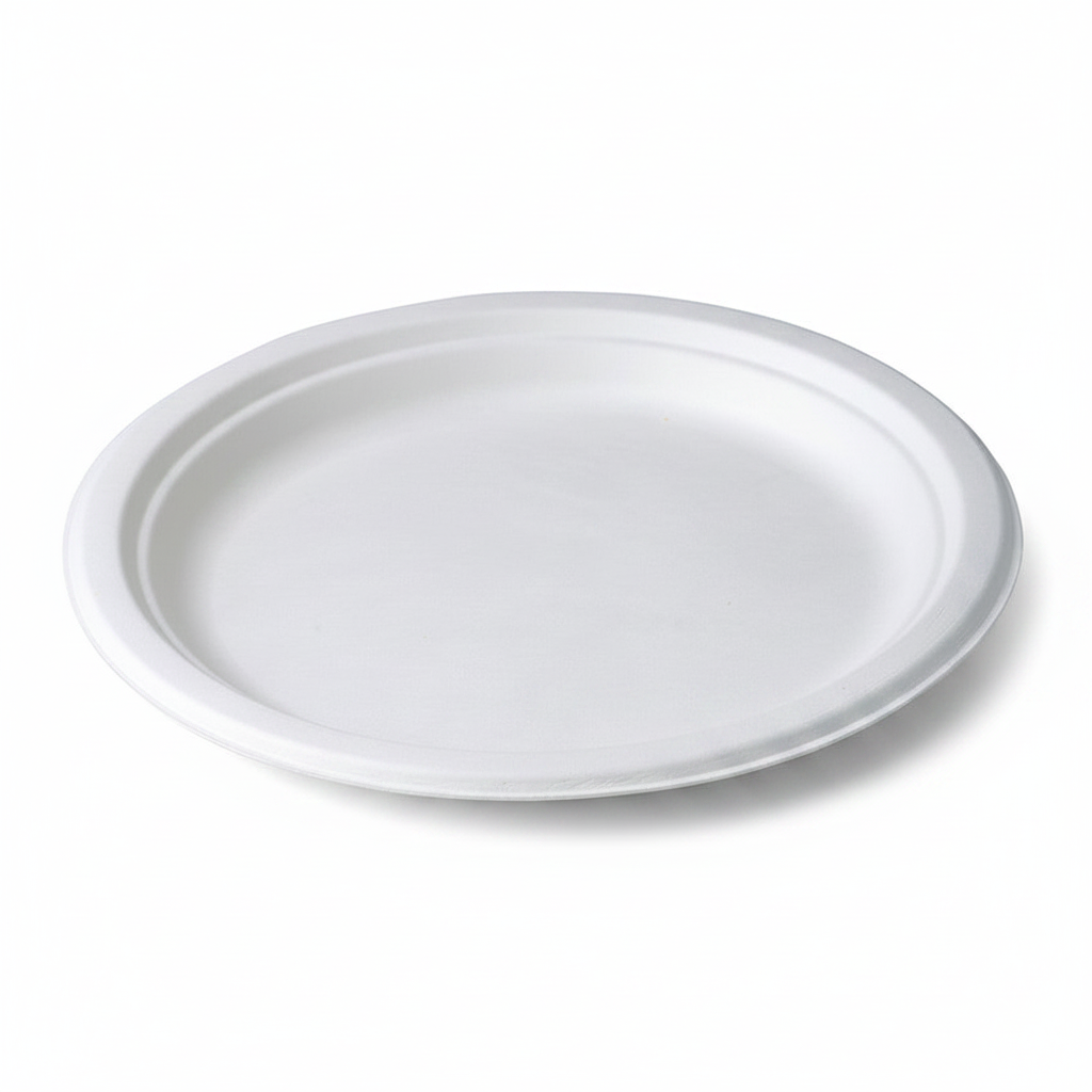 Assiette ronde 26 cm en fibre de canne à sucre biodegradable, photo studio fond blanc, packshot produit