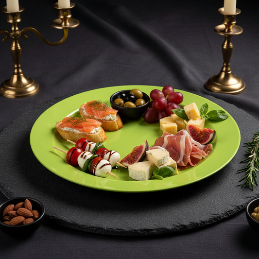 Assiette ronde anis 24cm sur ardoise avec canapés élégants