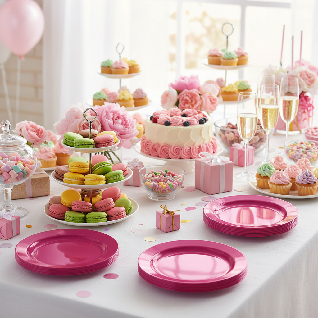Assiettes rondes rose magenta 19 cm sur buffet anniversaire bachelorette avec macarons et champagne