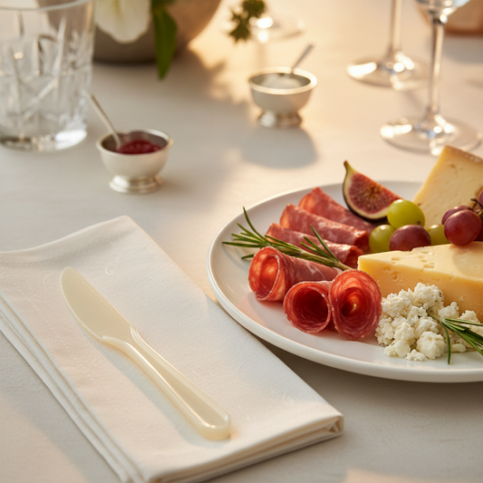 Couteau jetable Eugeni ivoire sur serviette lin avec assiette charcuterie