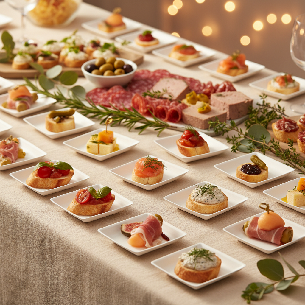Mini assiettes carrées fibre végétale sur buffet festif