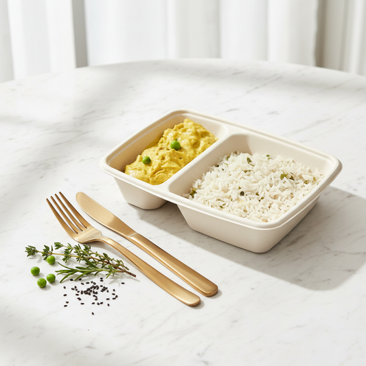 Barquette bagasse blanche 2 compartiments – mise en situation sur marbre avec riz et curry