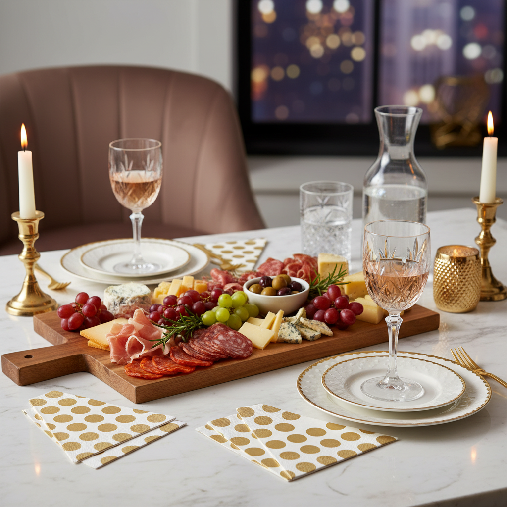 Serviette cocktail pois or - mise en situation marbre