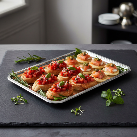 Plateau rectangulaire argenté 35x24cm avec apéritifs sur ardoise