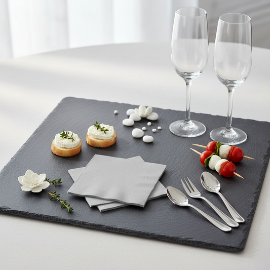 Serviette grise biodégradable - mise en situation apéritif ardoise