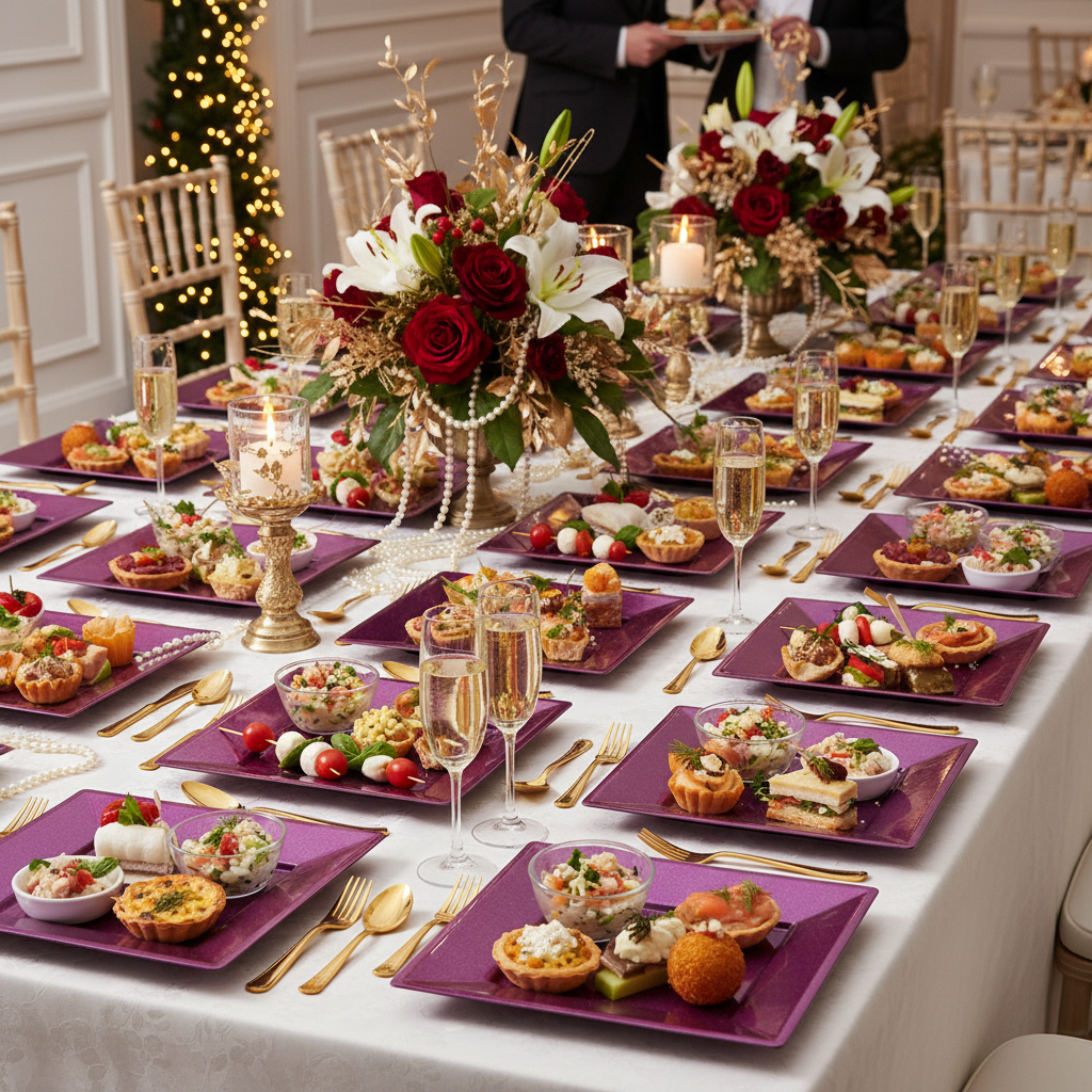 Assiettes carrées pourpre pailletées 18cm sur buffet festif avec champagne