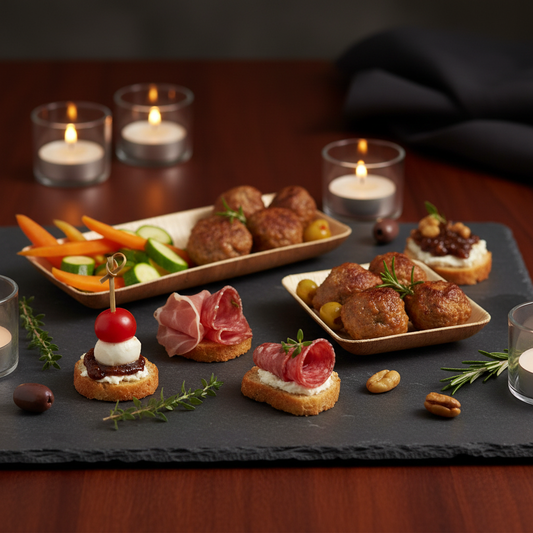 Assiette rectangulaire palmier 19x9cm sur ardoise avec canapés élégants