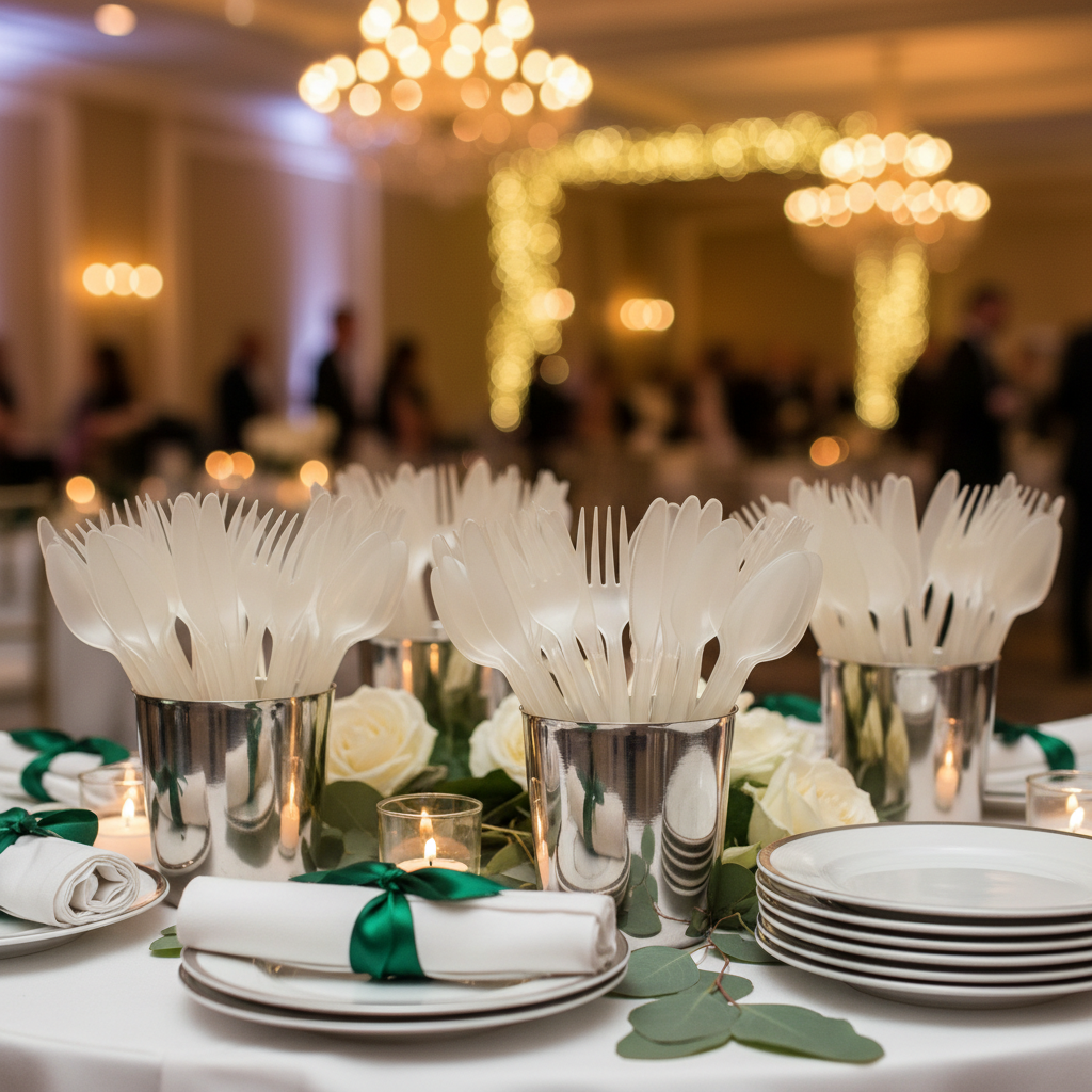 Couteaux jetables Eugeni ivoire sur buffet événement avec bougies et verdure