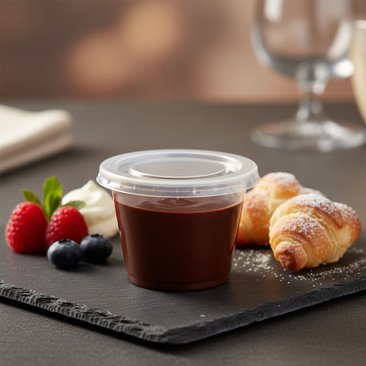Couvercle transparent pot coulis sur ardoise dessert élégant