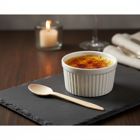 Cuillère bois bouleau crème brûlée restaurant élégant