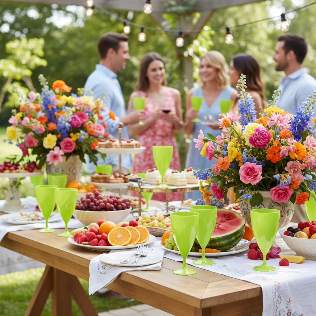 Verres vert anis torsadés sur buffet garden-party extérieur