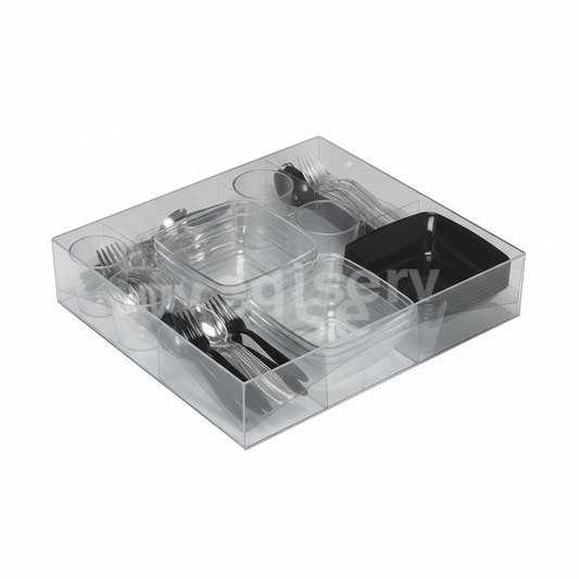 Kit complet de mini assiettes, verrines et couverts apéritif réutilisables – présentation élégante pour buffet et cocktail