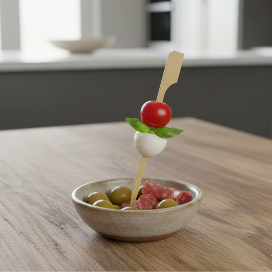 Pique en bambou de style pagaie tenant une tomate cerise, de la mozzarella et une feuille de basilic, planté dans un petit bol d'olives et de saucisson sur une table en bois clair, avec un arrière-plan flou de cuisine moderne, illustrant une mise en situation pour un apéritif