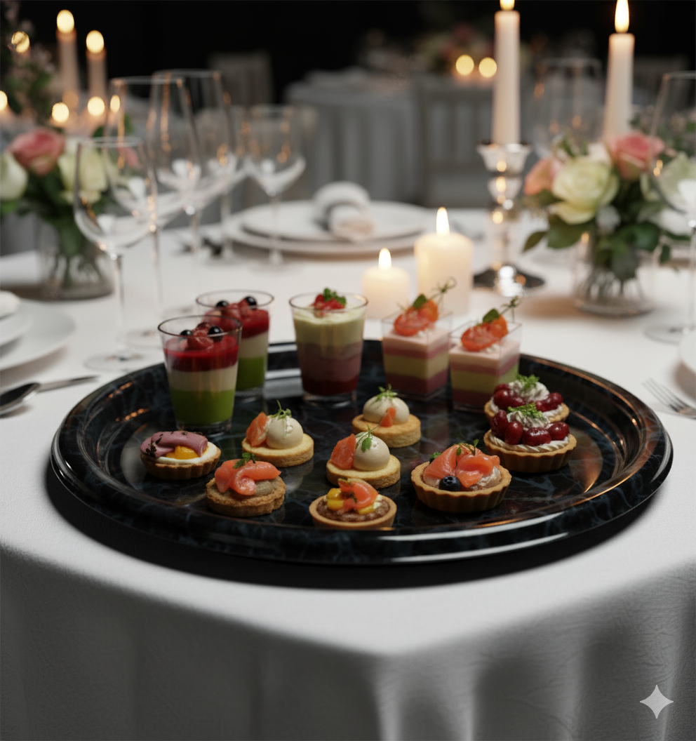 Plateau Service Rond Noir Marbré 40 cm rempli d'amuse-bouches et de verrines gourmandes, sur un buffet de réception chic avec éclairage tamisé.