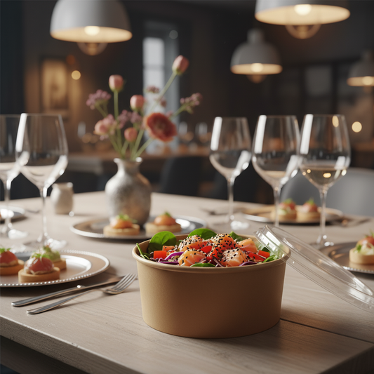 Pot à salade jetable haut de gamme, rempli d'une salade colorée, posé sur une table de cocktail élégante en bois clair, en situation événementielle chic.