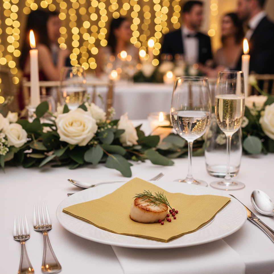 Serviette en papier intissé OR placée élégamment sur une table de mariage ou de réception chic, avec des convives en arrière-plan.