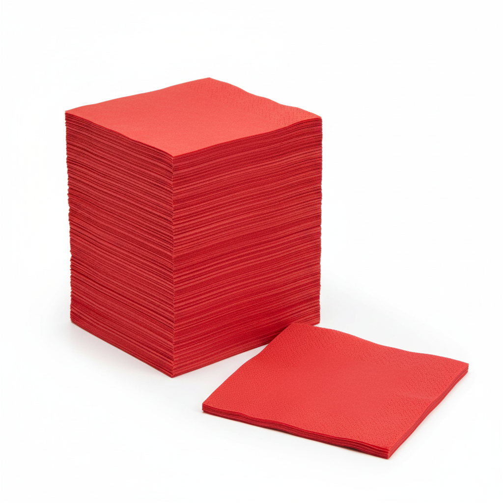 Pile de 50 serviettes biodégradables rouges 33x33 cm sur fond blanc, avec une serviette individuelle présentant un motif délicat.