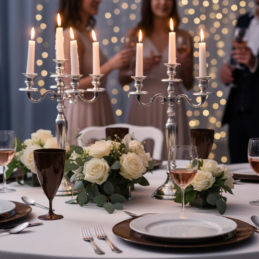 Table de réception élégante avec verres à vin effet torsadé en plastique chocolat, ambiance chaleureuse et raffinée avec bougies.