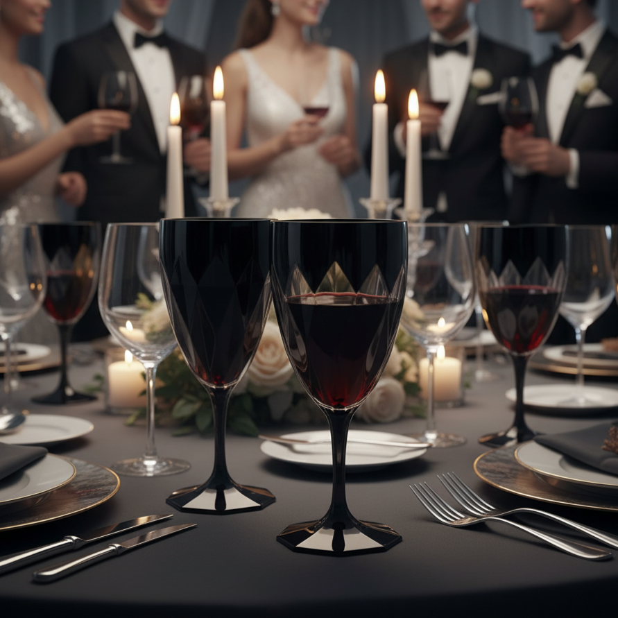 Scène d'une réception de mariage ou d'une fête de fin d'année très chic (atmosphère de gala). Les verres à vin noir ébène torsadés sont disposés en nombre sur une table élégamment dressée (nappe sombre ou blanche, couverts argentés). Certains verres sont remplis de vin rouge ou d'un cocktail foncé.