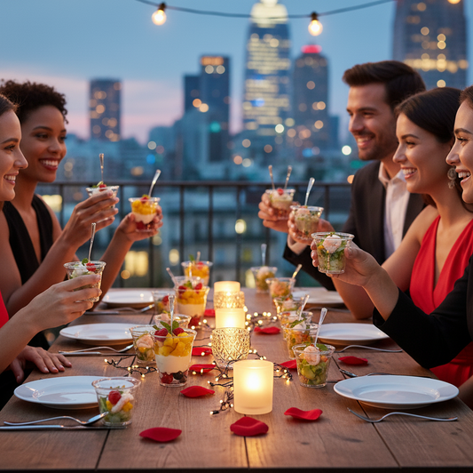 Scène de réception élégante sur un rooftop urbain au crépuscule. Des groupes de personnes chic tiennent et dégustent des verrines "La Cabosse" remplies de compositions sucrées et salées. La table est décorée de guirlandes lumineuses, de bougies et de pétales de rose, avec des gratte-ciel illuminés en arrière-plan, soulignant l'utilisation haut de gamme des verrines pour des événements festifs et raffinés.