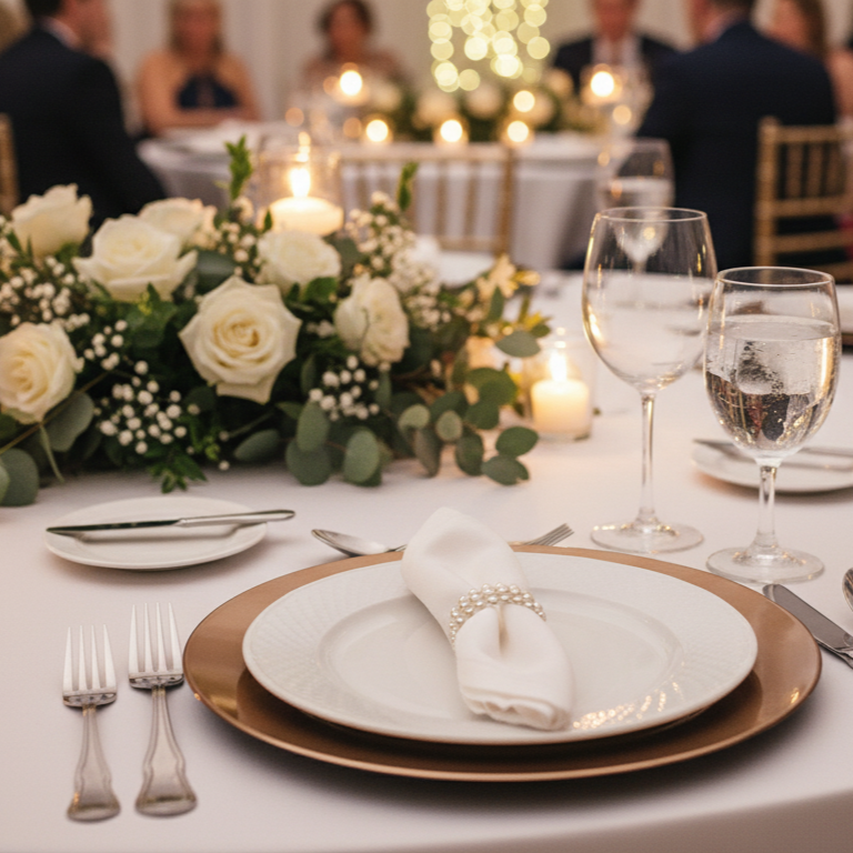 Une assiette de présentation cuivrée placée sur une table de mariage élégamment dressée, entourée d'un décor floral de roses blanches, de bougies allumées, de verres à vin et de couverts, avec des invités flous en arrière-plan.