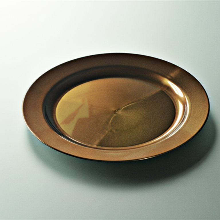  Une assiette de présentation cuivrée minimaliste photographiée en studio sur un fond blanc neutre, mettant en valeur sa surface brillante et ses reflets subtils.