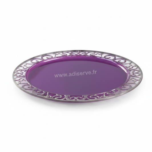 Sous-assiette ronde 30 cm pourpre pailleté Adiserve, plastique rigide réutilisable, design festonné – lot de 4