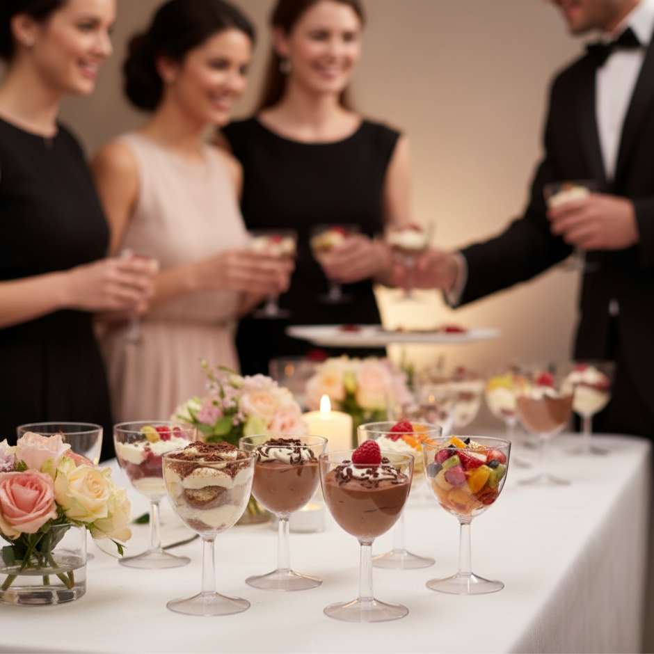 Mise en scène d'un buffet de réception haut de gamme, ambiance cocktail chic. Plusieurs verrines coupes sur pied en PS cristal sont élégamment disposées. Certaines sont remplies de tiramisu, d'autres de mousse au chocolat avec une framboise, ou de salades de fruits frais colorées. La table est recouverte d'une nappe blanche, agrémentée de décorations florales discrètes et de lumières tamisées. L'arrière-plan flou montre des invités en tenue de soirée se servant, évoquant une atmosphère conviviale et sophist