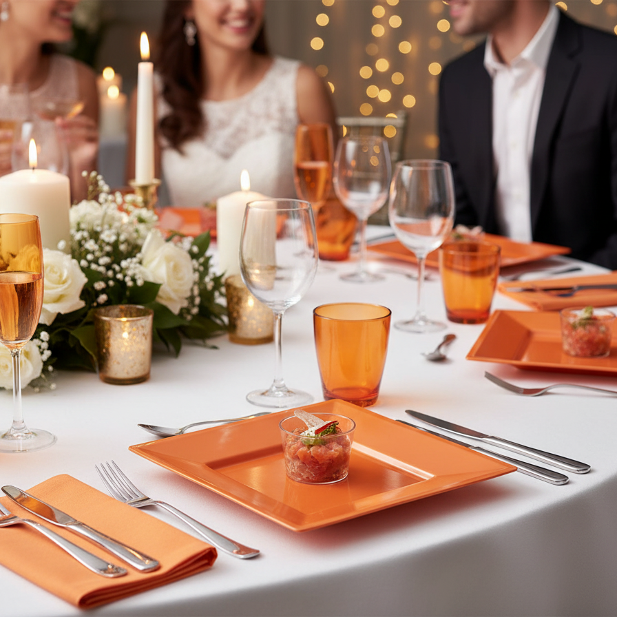 Table de réception de mariage élégante avec assiettes carrées oranges réutilisables, décoration florale et bougies, ambiance festive chic.